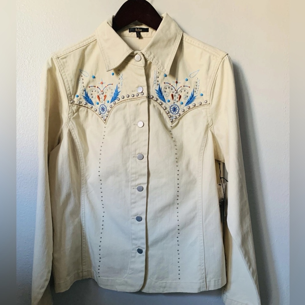 Reba Womens Large Jacket Off White Denim W/Bling Stretchy Material W/Tag